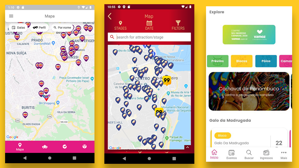 các ứng dụng để thưởng thức lễ hội ở Rio, BH và Pernambuco