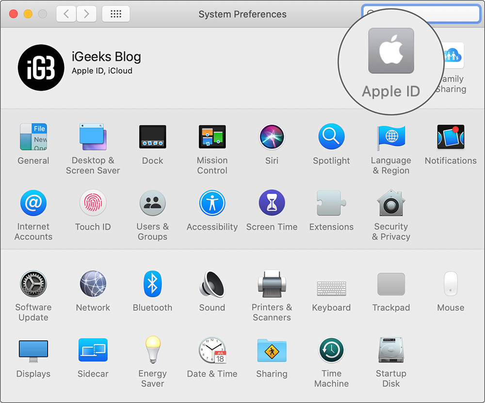 Bấm vào Apple ID trong System Preferences trên Mac