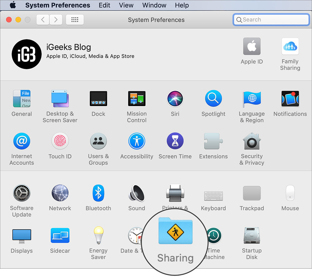 Nhấp vào Sharig trong Tùy chọn hệ thống trên máy Mac