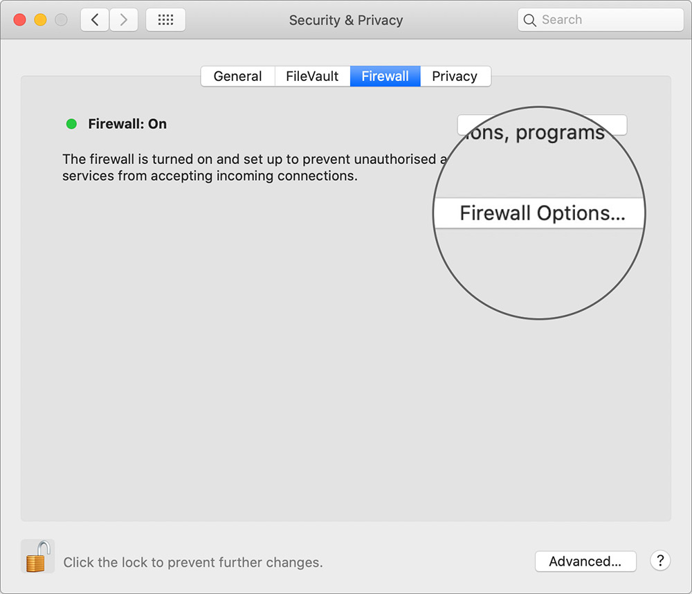 Nhấp vào Tùy chọn tường lửa trong Bảo mật & Quyền riêng tư trên Mac