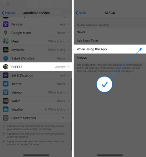 iphone cho phép truy cập vị trí trong khi sử dụng ứng dụng
