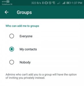 Đặt cài đặt WhatsApp để quản trị viên trên các cuộc trò chuyện nhóm có thể chọn người sẽ tham gia