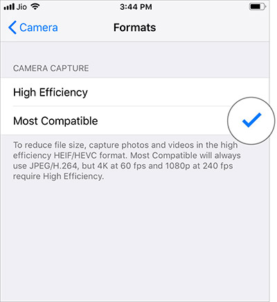 Chọn Tương thích nhất để Chụp ảnh JPEG trong iOS 11 hoặc 12
