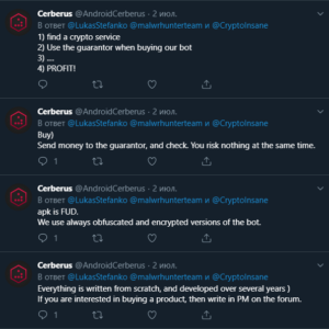 Các nhà phát triển phần mềm độc hại của Cerberus đã quảng cáo nó trên Twitter trang