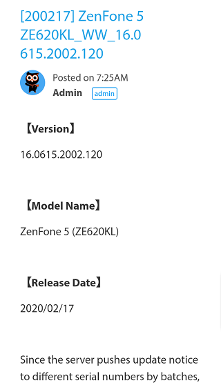 Asus-ZenFone-5-update "width =" 320 "height =" 558 "class =" aligncenter size-full wp-image-97075 "srcset =" https://piunikaweb.com/wp-content/uploads/2020/02/Asus-ZenFone -5-update.png 320w, https://piunikaweb.com/wp-content/uploads/2020/02/Asus-ZenFone-5-update-172x300.png 172w "size =" (max-width: 320px) 100vw, 320px "Pagespeed_url_hash =" 276404180 "onload =" Pagespeed.CriticalImages.checkImageForCriticality (this); "</p></noscript><p>Dưới đây là bản tóm tắt các thay đổi có trong bản dựng .120 mới.</p><div class='code-block code-block-5' style='margin: 8px auto; text-align: center; display: block; clear: both;'><style>.ai-rotate {position: relative;}
.ai-rotate-hidden {visibility: hidden;}
.ai-rotate-hidden-2 {position: absolute; top: 0; left: 0; width: 100%; height: 100%;}
.ai-list-data, .ai-ip-data, .ai-filter-check, .ai-fallback, .ai-list-block, .ai-list-block-ip, .ai-list-block-filter {visibility: hidden; position: absolute; width: 50%; height: 1px; top: -1000px; z-index: -9999; margin: 0px!important;}
.ai-list-data, .ai-ip-data, .ai-filter-check, .ai-fallback {min-width: 1px;}</style><div class='ai-rotate ai-unprocessed ai-timed-rotation ai-5-2' data-info='WyI1LTIiLDJd' style='position: relative;'><div class='ai-rotate-option' style='visibility: hidden;' data-index=