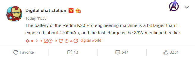 Redmi K30 Pro sẽ có pin mạnh hơn
