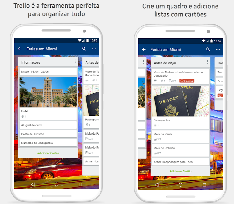 Hai màn hình Trello hiển thị các hộp khác nhau với các văn bản bên trong Ứng dụng này cho Android