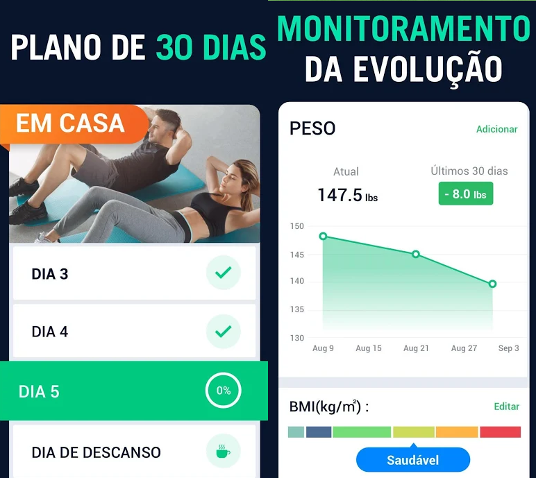 Hai màn hình của ứng dụng: một màn hình có kiểm soát tập thể dục mỗi ngày và màn hình kia hiển thị giảm cân của người dùng trong 30 ngày.