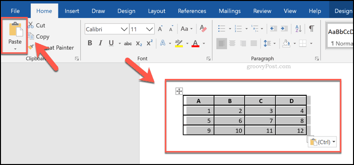 Các ô được dán từ bảng tính Excel, được hiển thị dưới dạng bảng trong Word