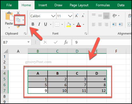 Sao chép các ô từ Excel dưới dạng bảng