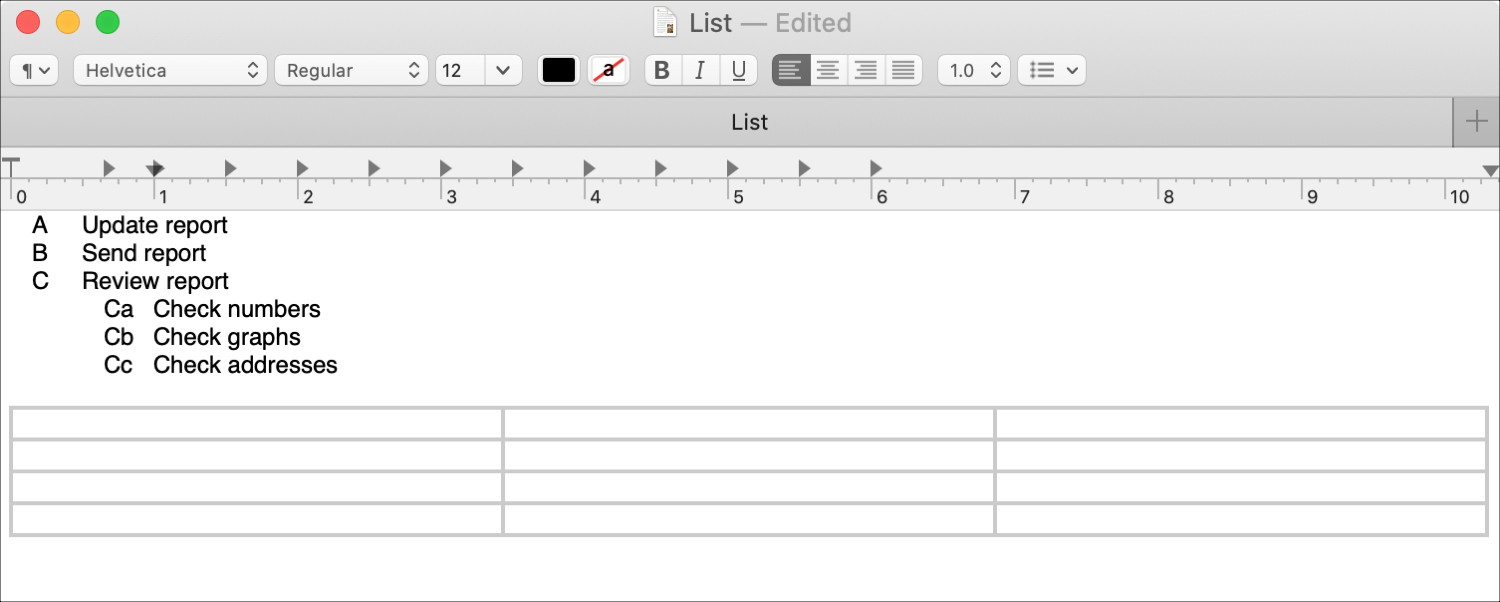 Cara bekerja dengan tabel dan daftar di TextEdit di Mac