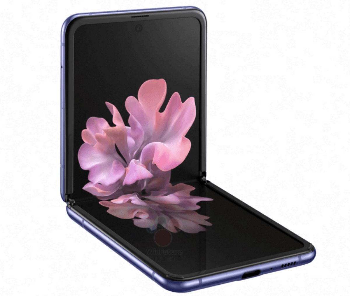 Hình ảnh chính thức của Samsung Galaxy Z Flip hiển thị một điện thoại có thể gập lại với các dấu đầy đủ