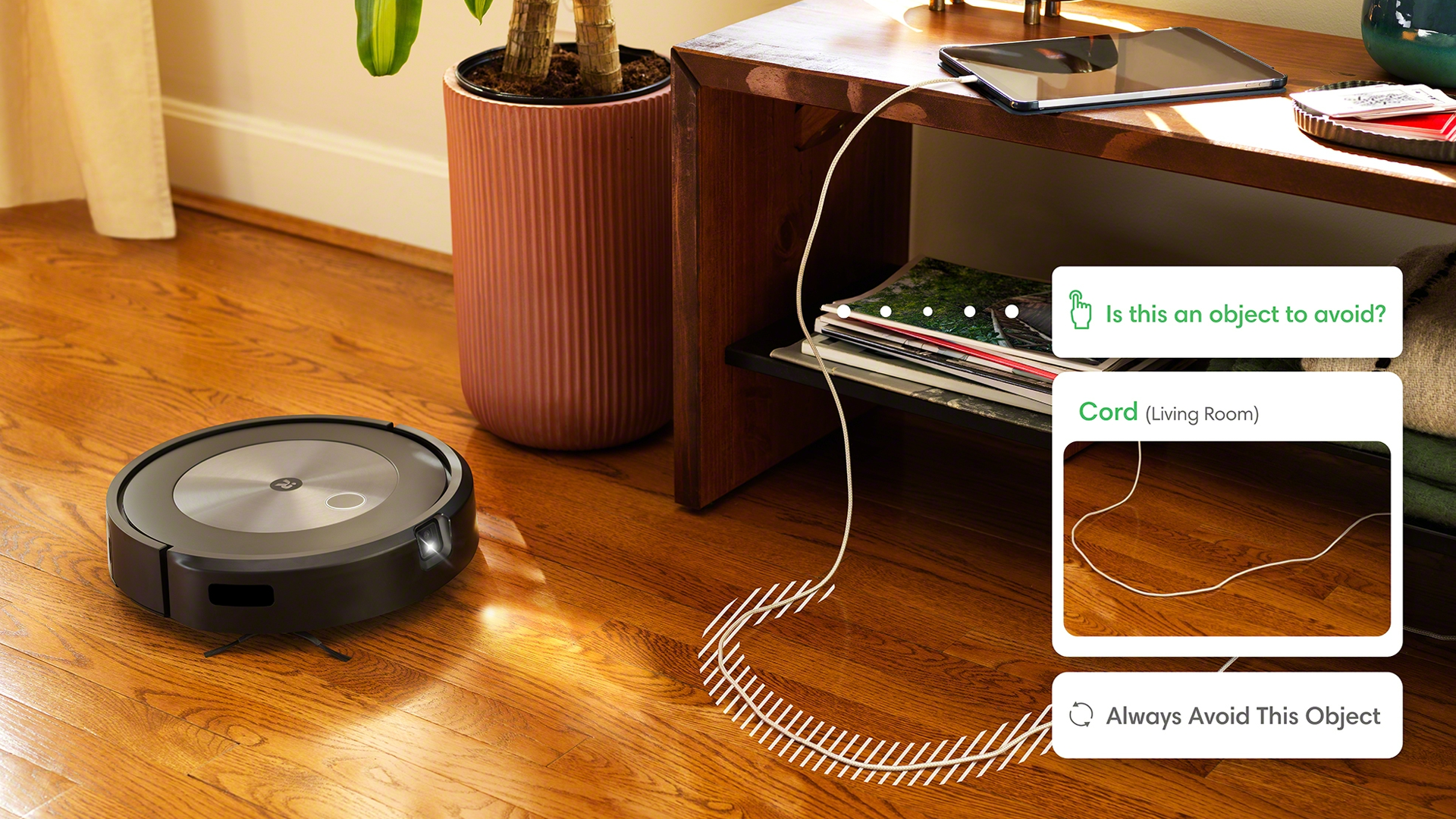 Roomba J7 identifierar och undviker strömkablar