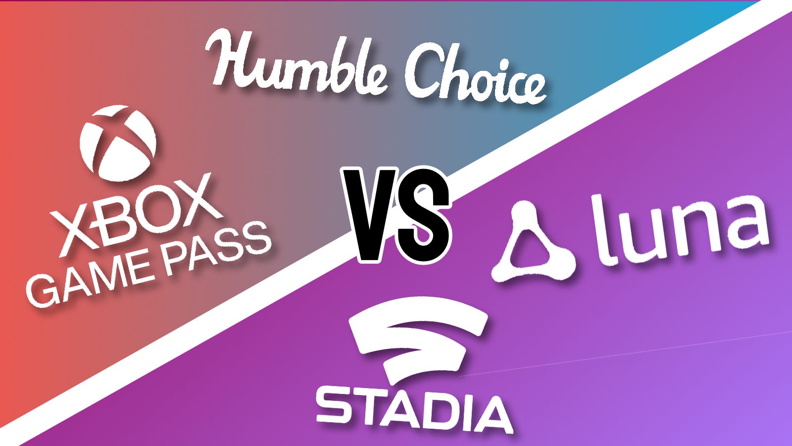 Xbox Game Pass Humble Choice, Google Stadia och Amazon Logo Luna på en mångfärgad bakgrund