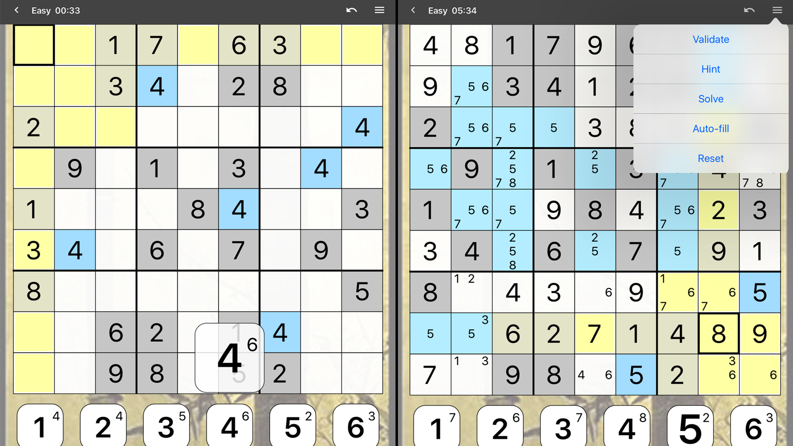 Đang giải đố Sudoku và menu tùy chọn trong trò chơi