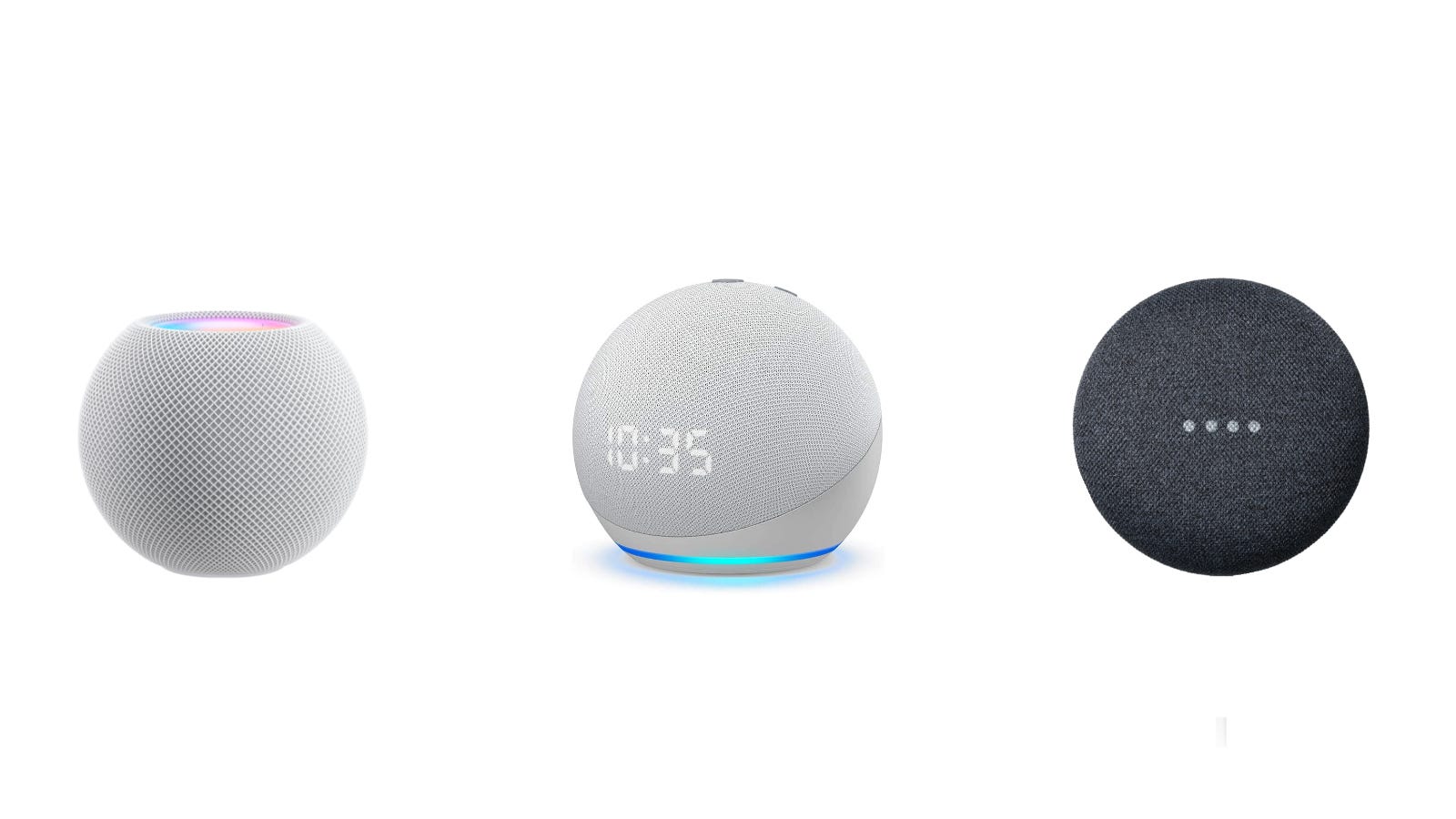 Apple  HomePod, Amazon Echo Dot và Google Nest Mini trên nền trắng