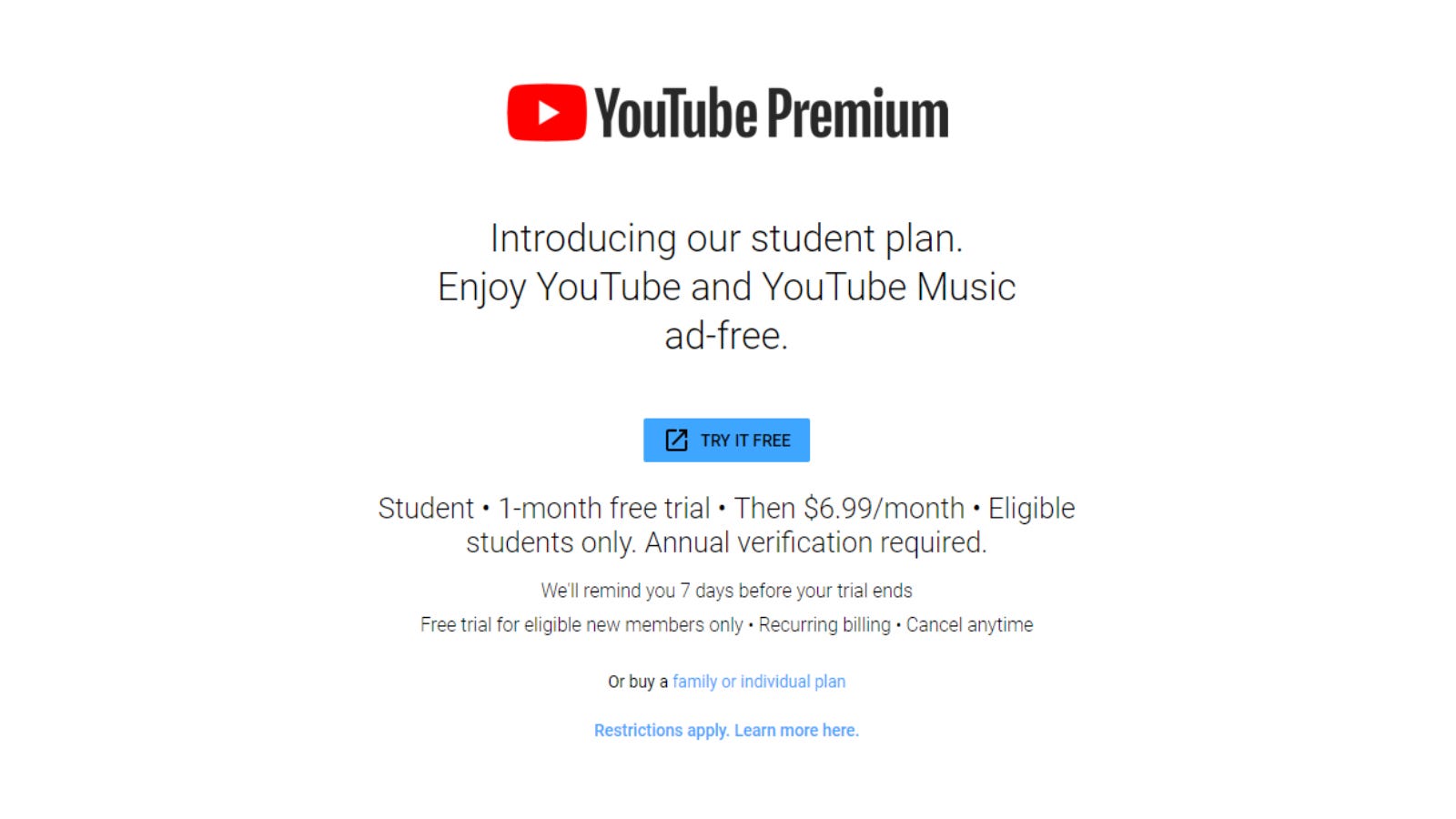 YouTube Premium-kampanjsida för studentrabatter