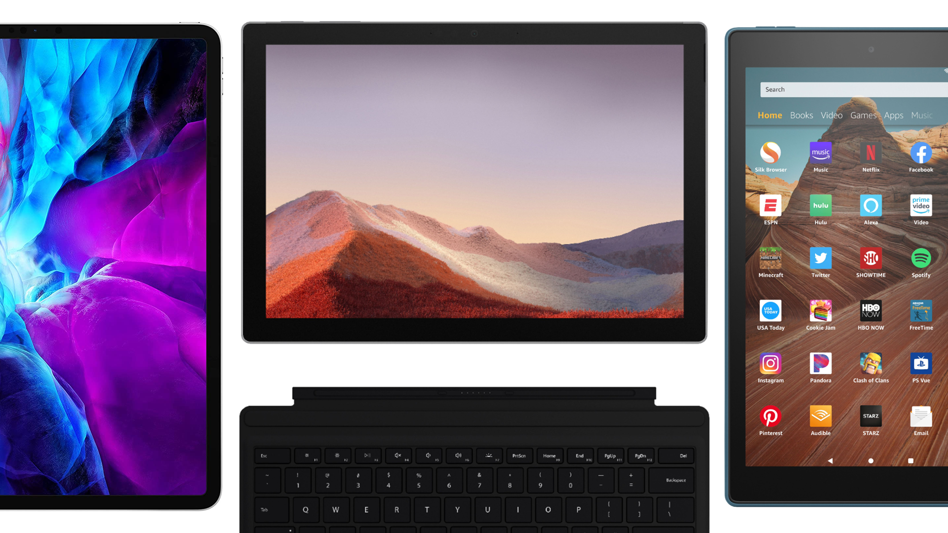 iPad Pro, Surface Pro 7 och Fire 10 surfplattor.