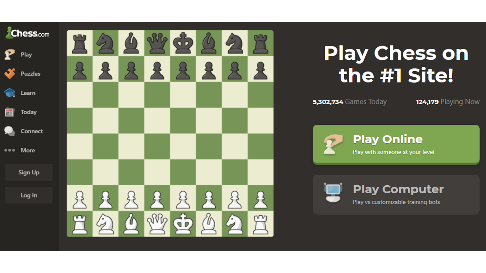 trang chủ cờ vua.com với các tùy chọn để chơi trò chơi hoặc đăng ký