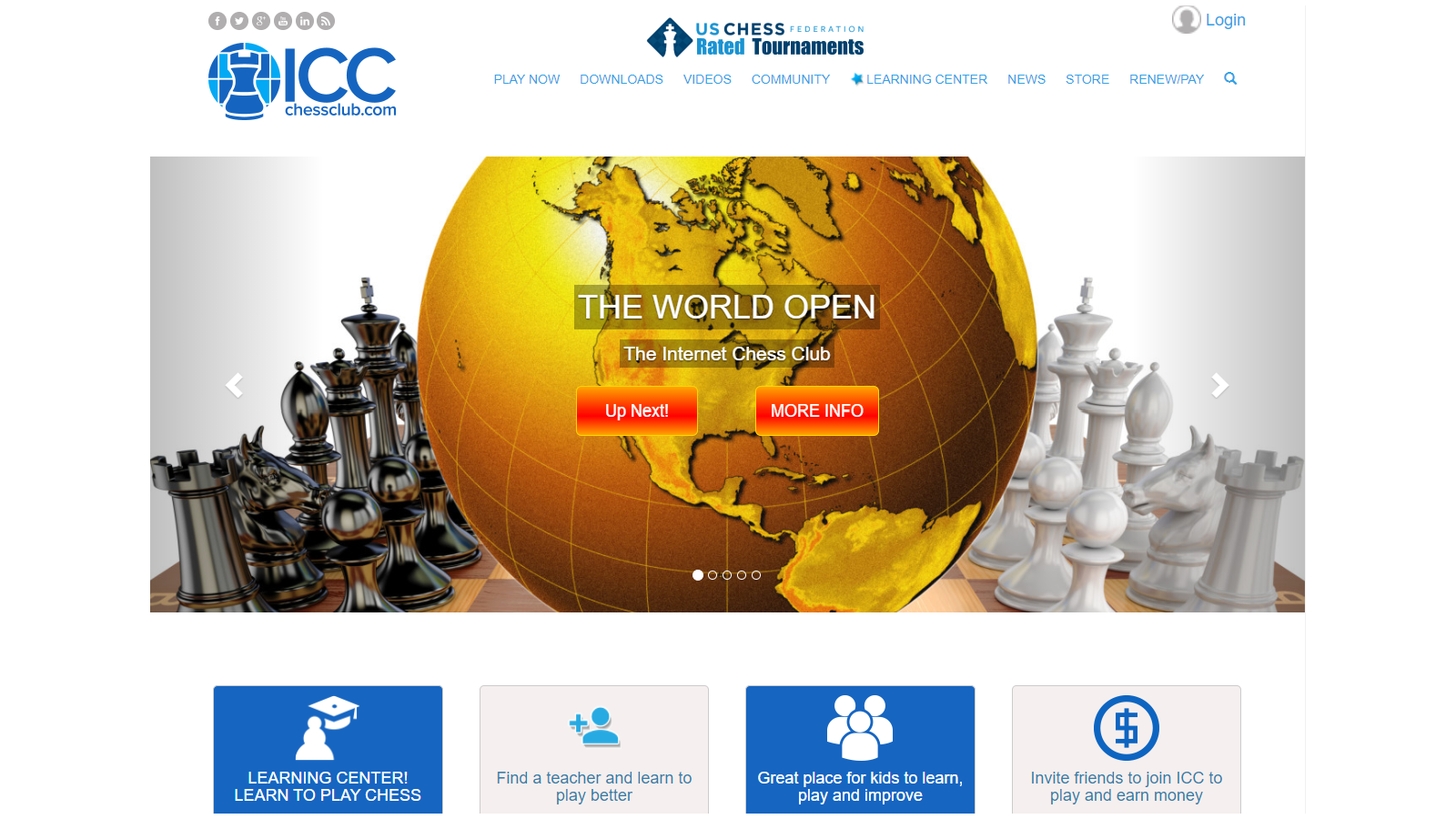 Schackklubbens hemsida med webbplatsfunktioner och turneringsinformation