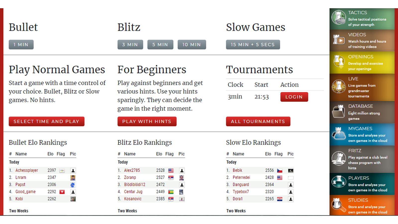 Playchess hemsida med kula, blitz och andra turneringsresultat