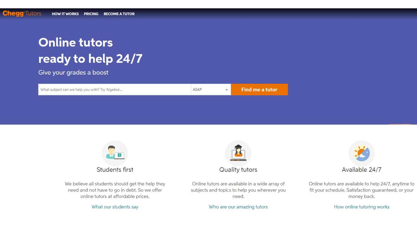 Cheggs hemsida med student- och handledarealternativ
