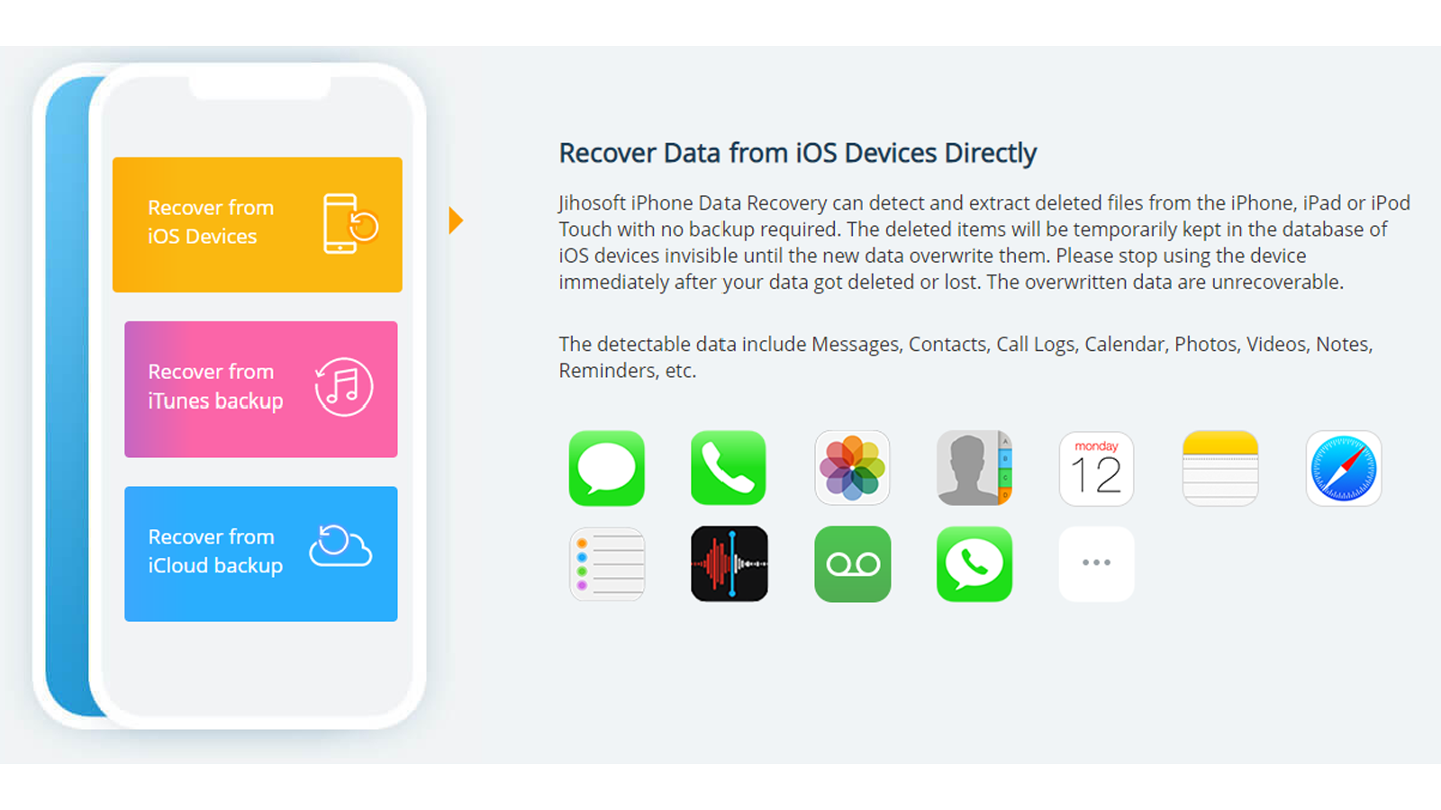Jihosoft Phone Recovery cho cả Android và iOS có thể tìm thấy nhiều loại tệp