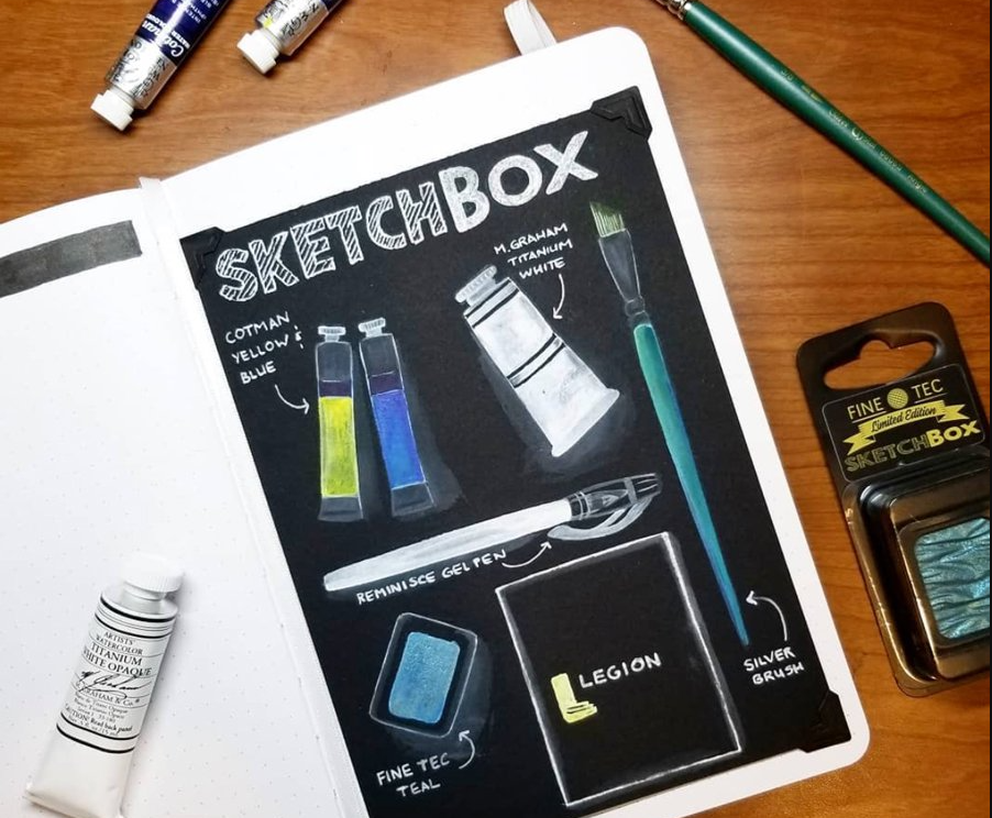 Artis pemula menggunakan kotak perlengkapan seni SketchBox