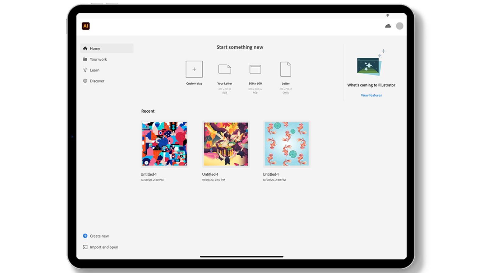 Menu chính của Adobe Illustrator chạy trên iPad