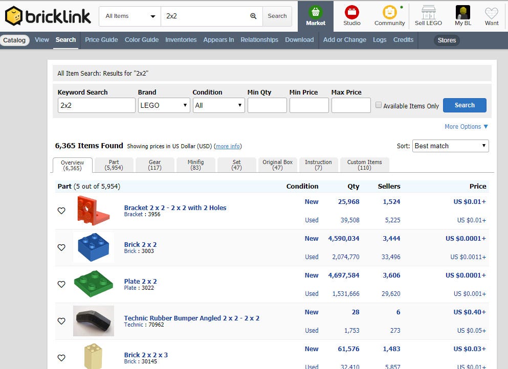 Hệ thống tìm kiếm gạch của Bricklink.