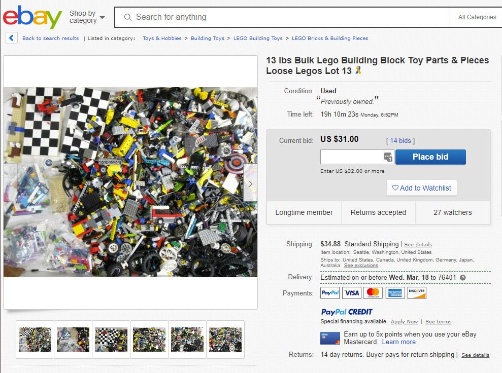Một cuộc đấu giá điển hình trên eBay cho các mảnh LEGO rời. 