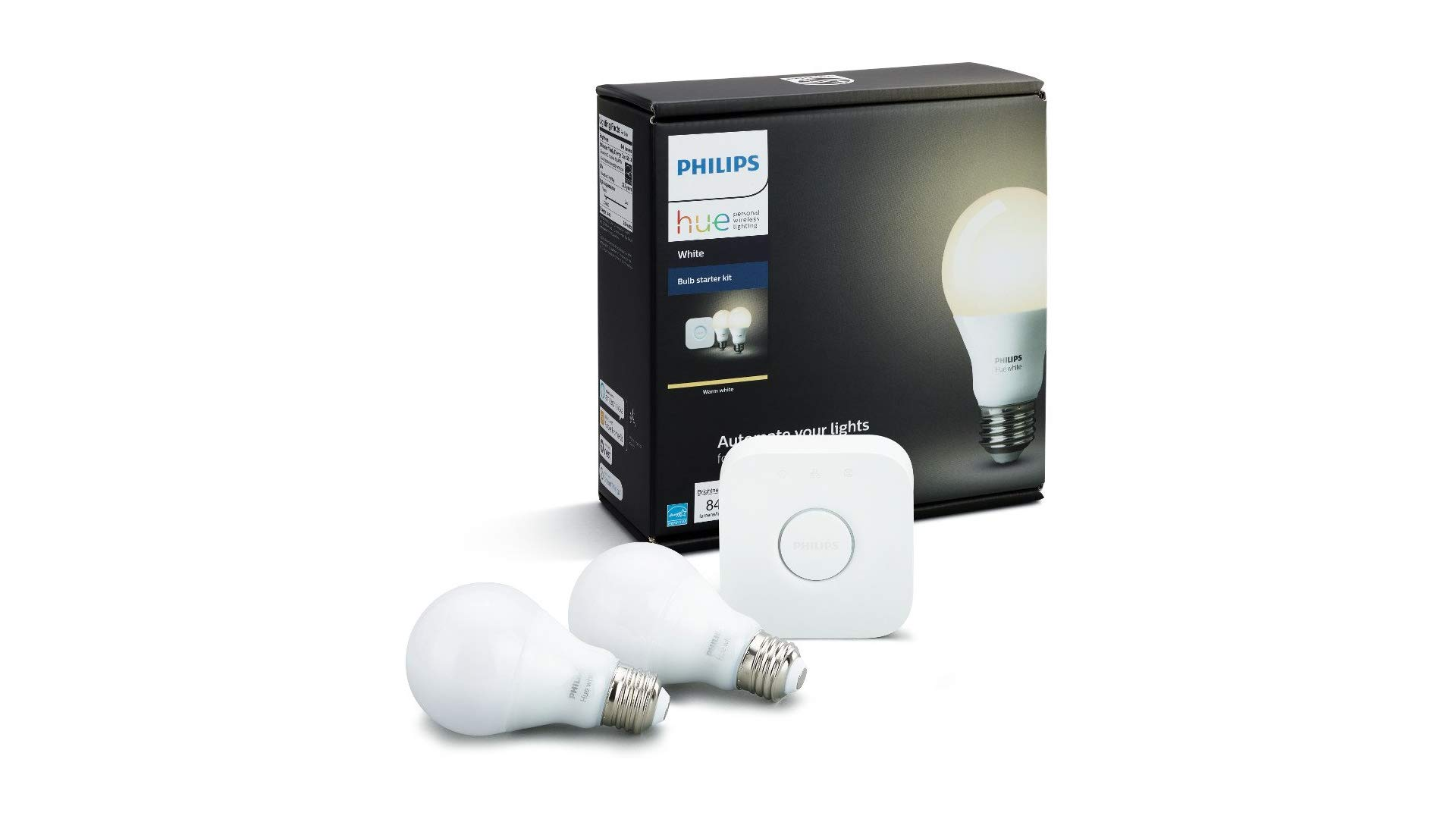 Vit Philips Hue smart glödlampa startpaket.