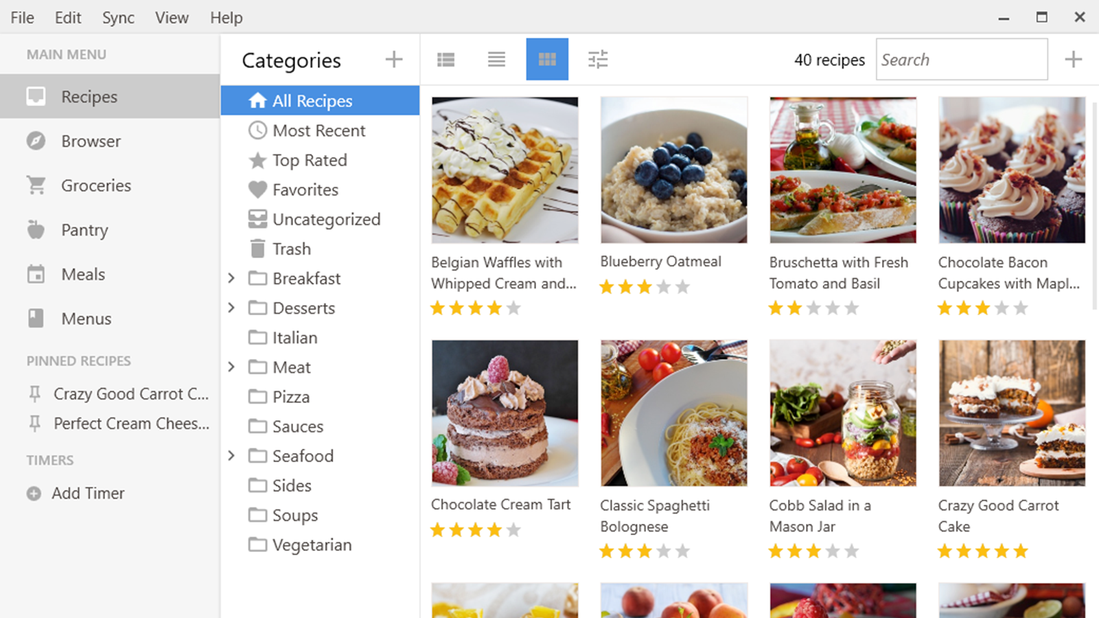 Paprika Windows Aplikasi menampilkan beberapa resep sarapan.