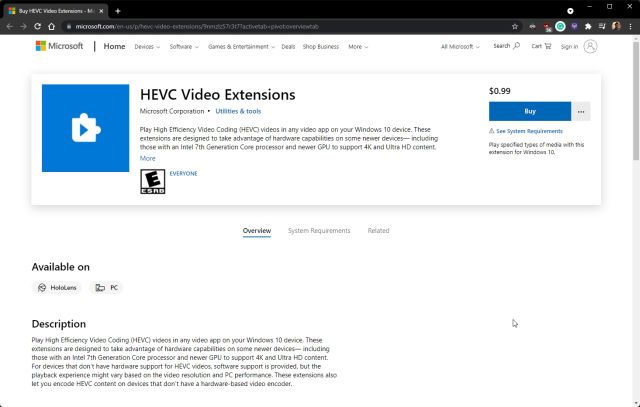 Cài đặt tiện ích mở rộng video HEVC