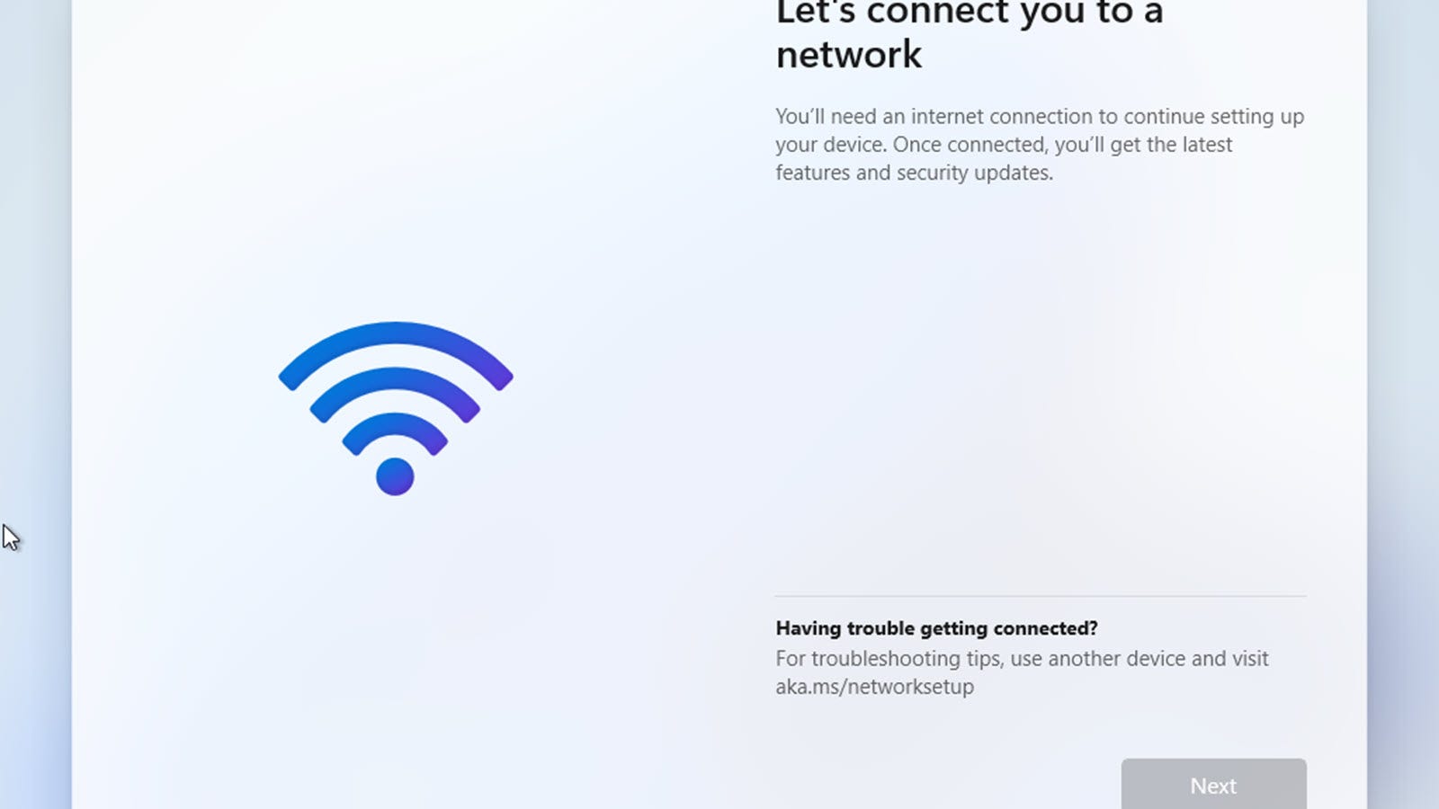 MỘT "hãy kết nối bạn với mạng" màn hình, không có tùy chọn để di chuyển về phía trước.