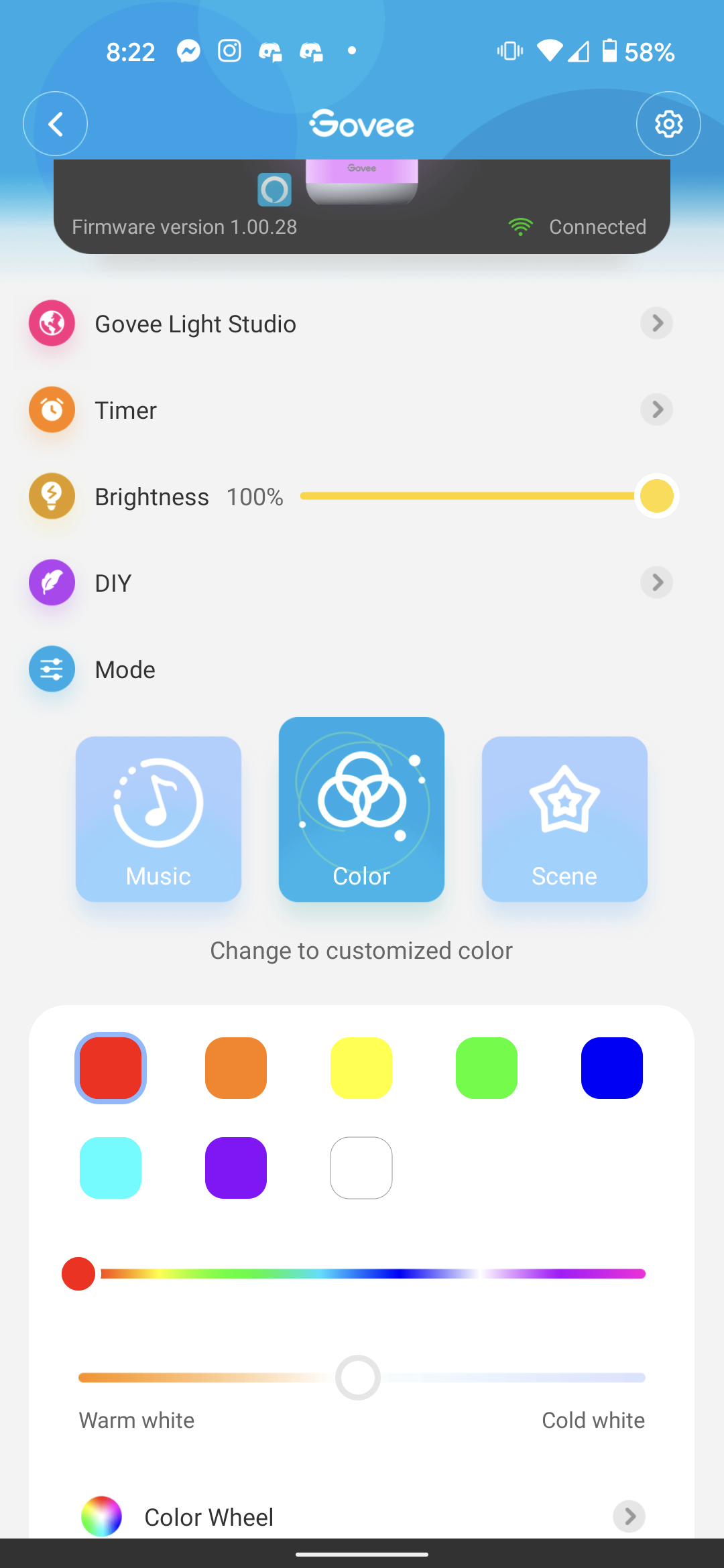 Aplikasi Govee menampilkan opsi warna solid untuk Aura Lights