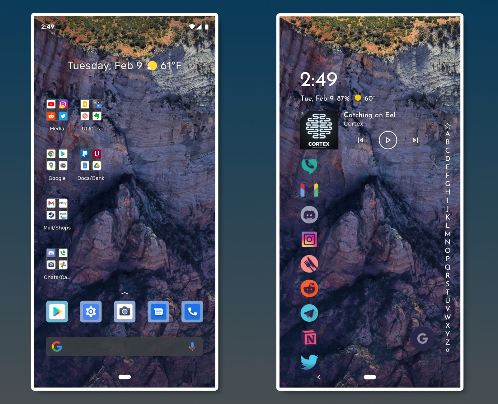 Màn hình chính Android mặc định và màn hình chính của trình khởi chạy Niagara cạnh nhau