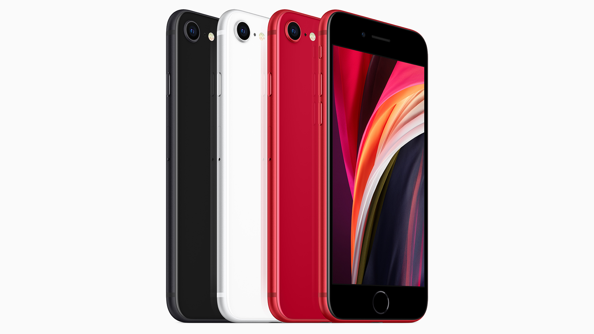 Ett foto som visar varje färg på iPhone SE 2020.