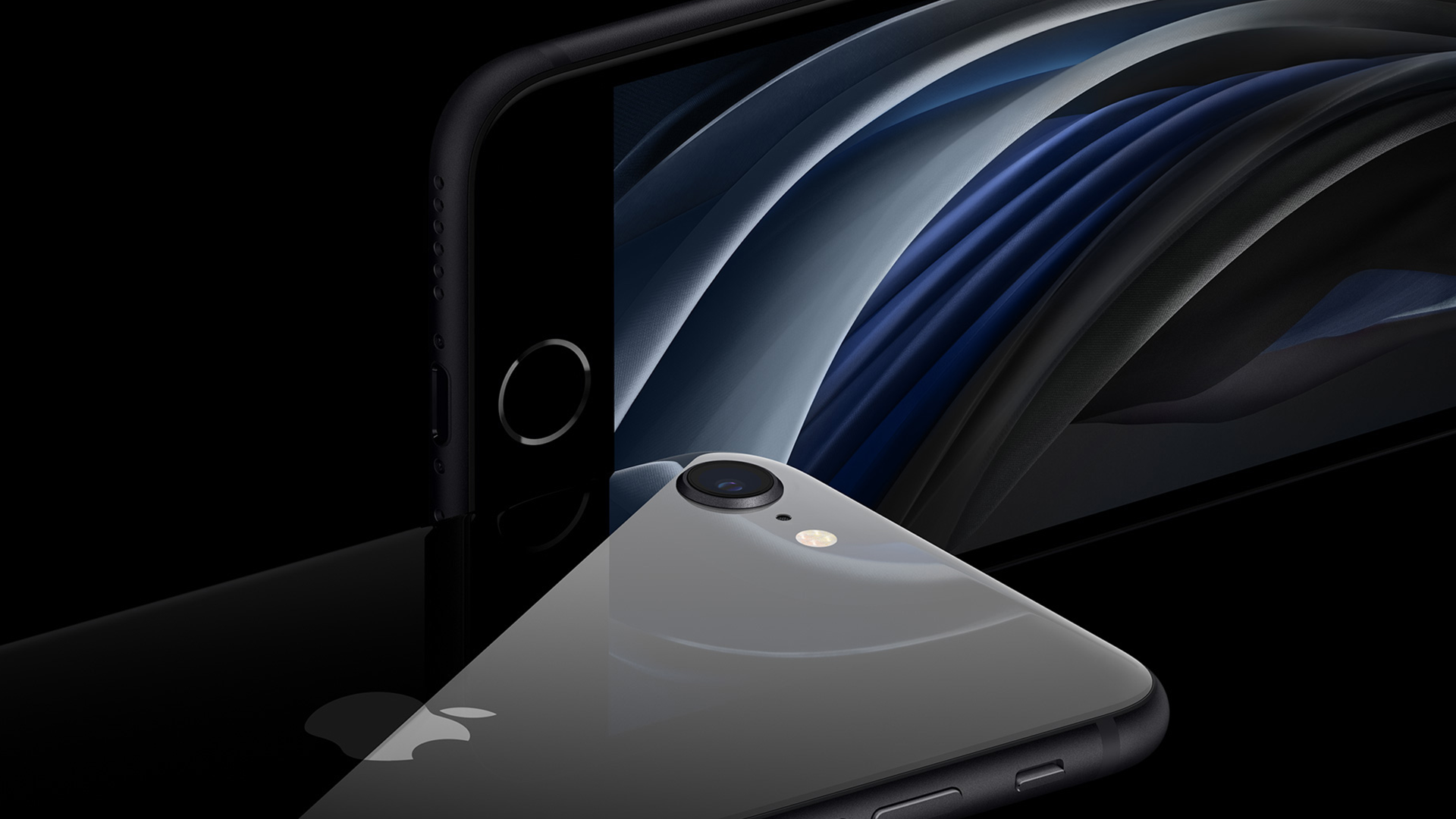 Foto iPhone SE 2 dengan latar belakang hitam.