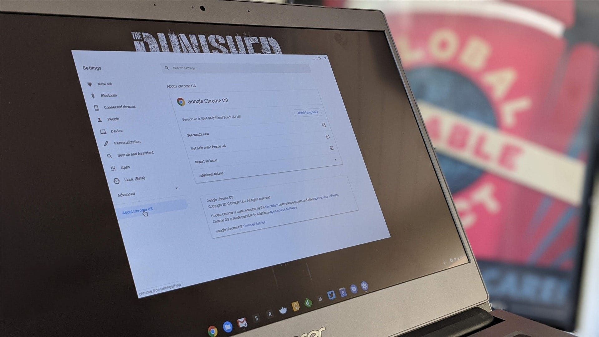 Cửa sổ cài đặt Chrome OS của Acer Chromebook 714