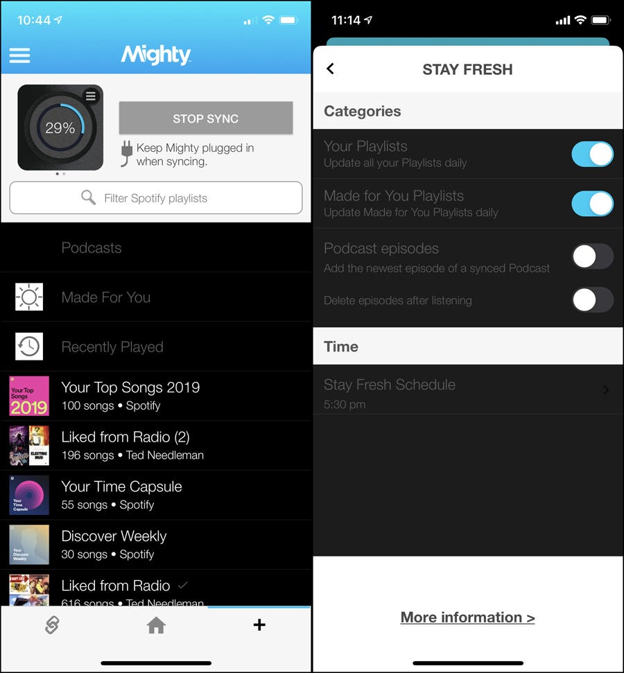 Đồng bộ hóa và menu "Luôn tươi" trong ứng dụng Mighty trên điện thoại thông minh.