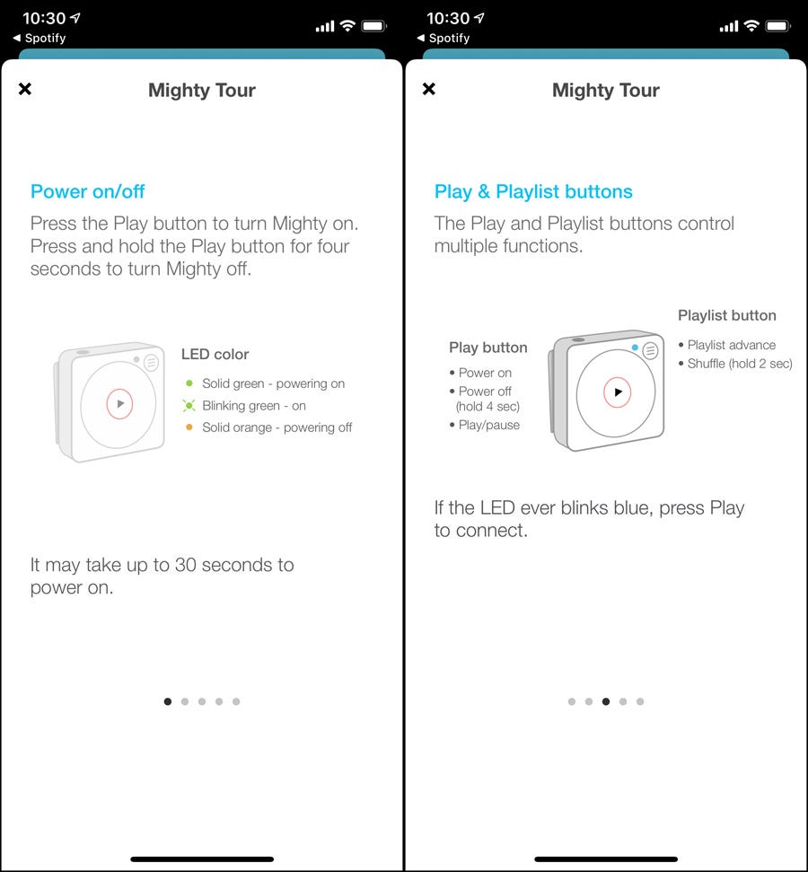 Các điều khiển "Might Tour" và biểu đồ trạng thái chỉ báo LED trong ứng dụng Mighty trên điện thoại thông minh. 