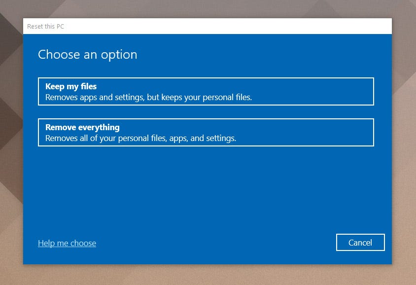 Windows setel ulang dialog pengaturan 