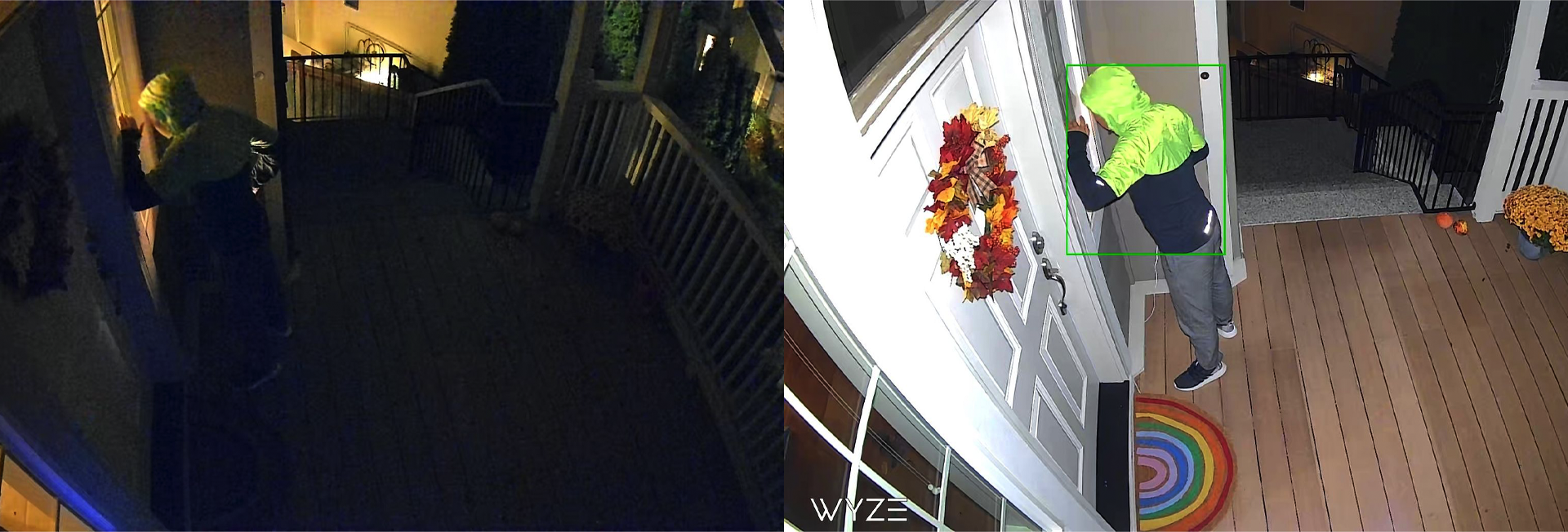 Gambar seorang pria mengetuk pintu di malam hari dengan Wyze Cam Spotlight menyala dan mati.