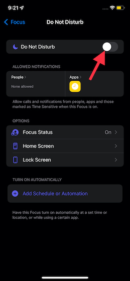 Inaktivera Stör ej i iOS 15 - Inget ljud på iPhone 12