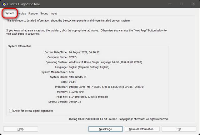 Dxdiag Periksa Spesifikasi dan Konfigurasi Perangkat Keras dari Windows 11 komputer