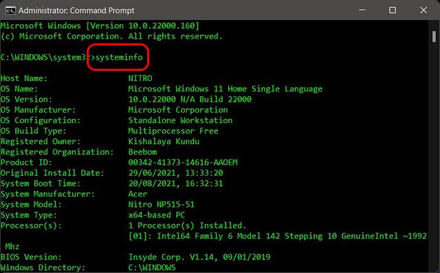 Command Prompt Kiểm tra thông số phần cứng và cấu hình của Windows 11 máy tính