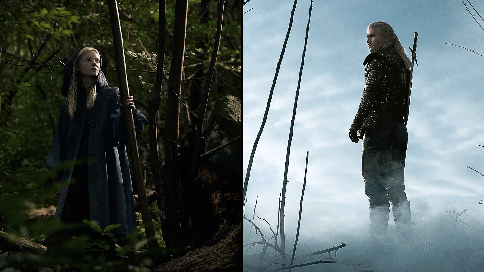 Två karaktärer från showen i separata stillbilder från den;  en i en skog, en i ett dimmigt område