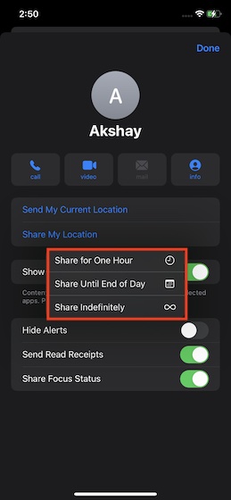Chọn khoảng thời gian bạn muốn chia sẻ vị trí trực tiếp của mình - Chia sẻ vị trí trực tiếp của bạn trong iMessage trên iPhone