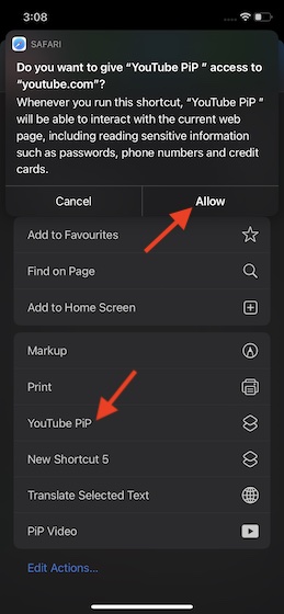 Lựa chọn-YouTube-PiP-mode-shortcut- sử dụng chế độ hình ảnh trong hình (PiP) youtube trên iPhone